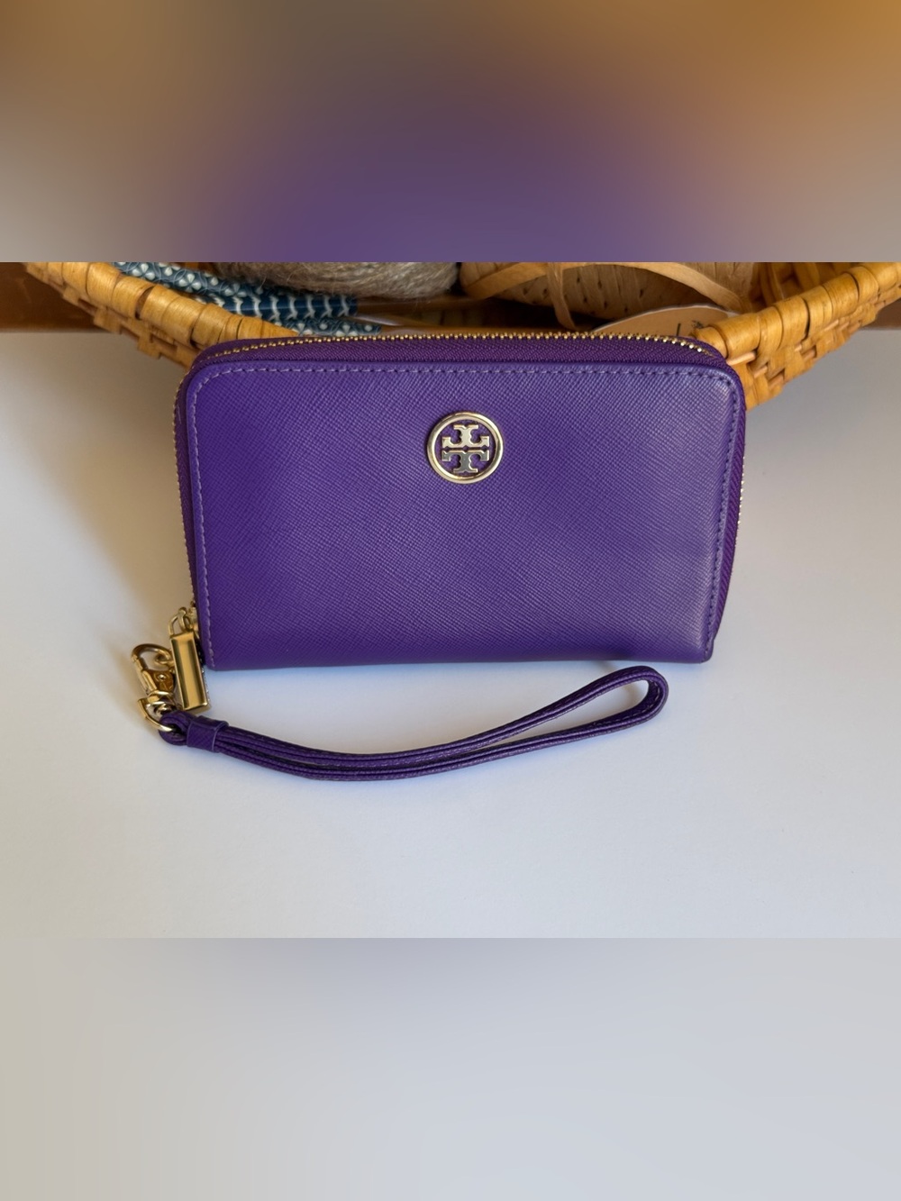 Tory Burch Purple Saffiano Leather Zip Around Wristlet Wallet
